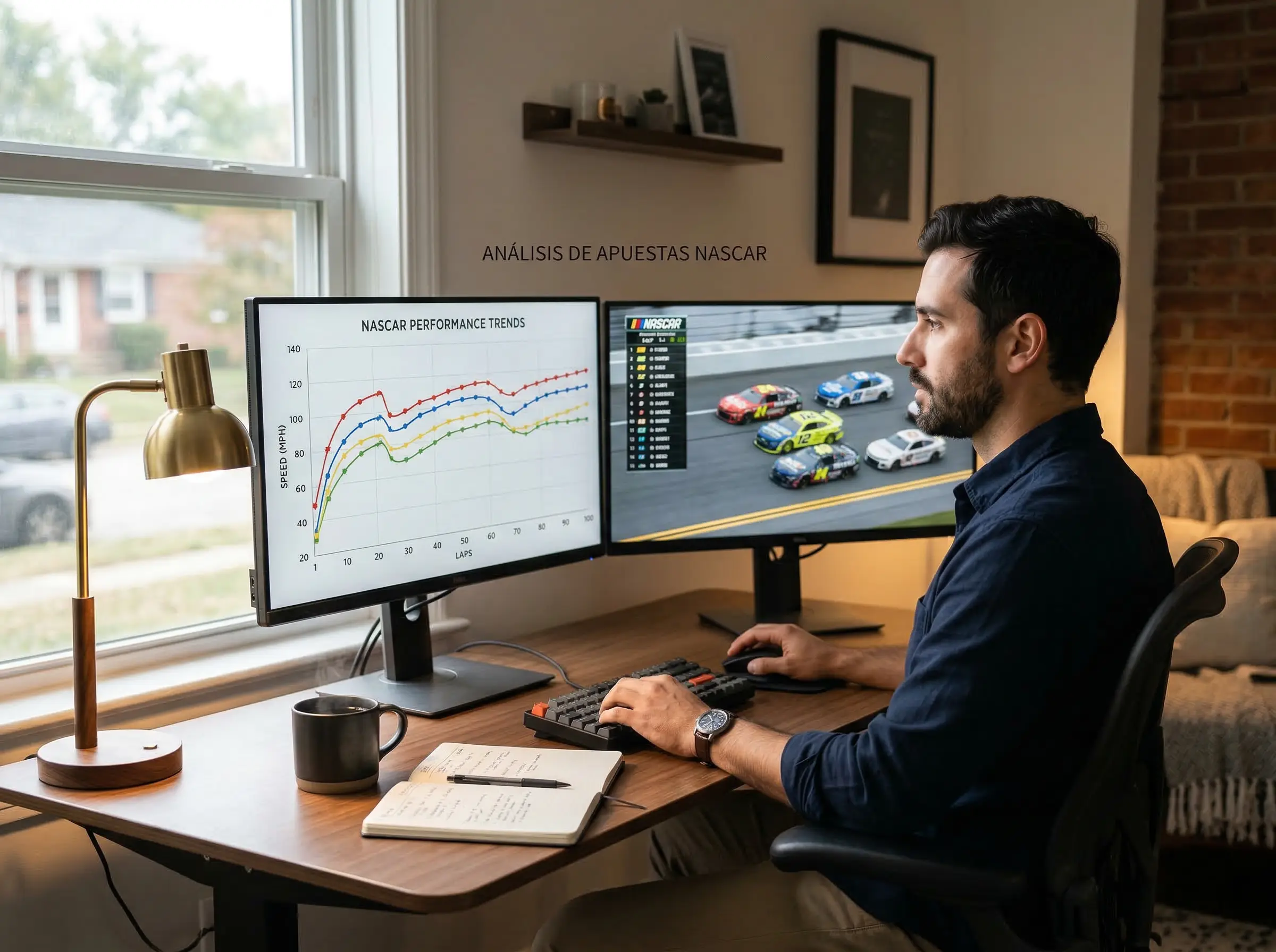 Persona analizando datos y estadisticas de NASCAR en pantalla de computadora
