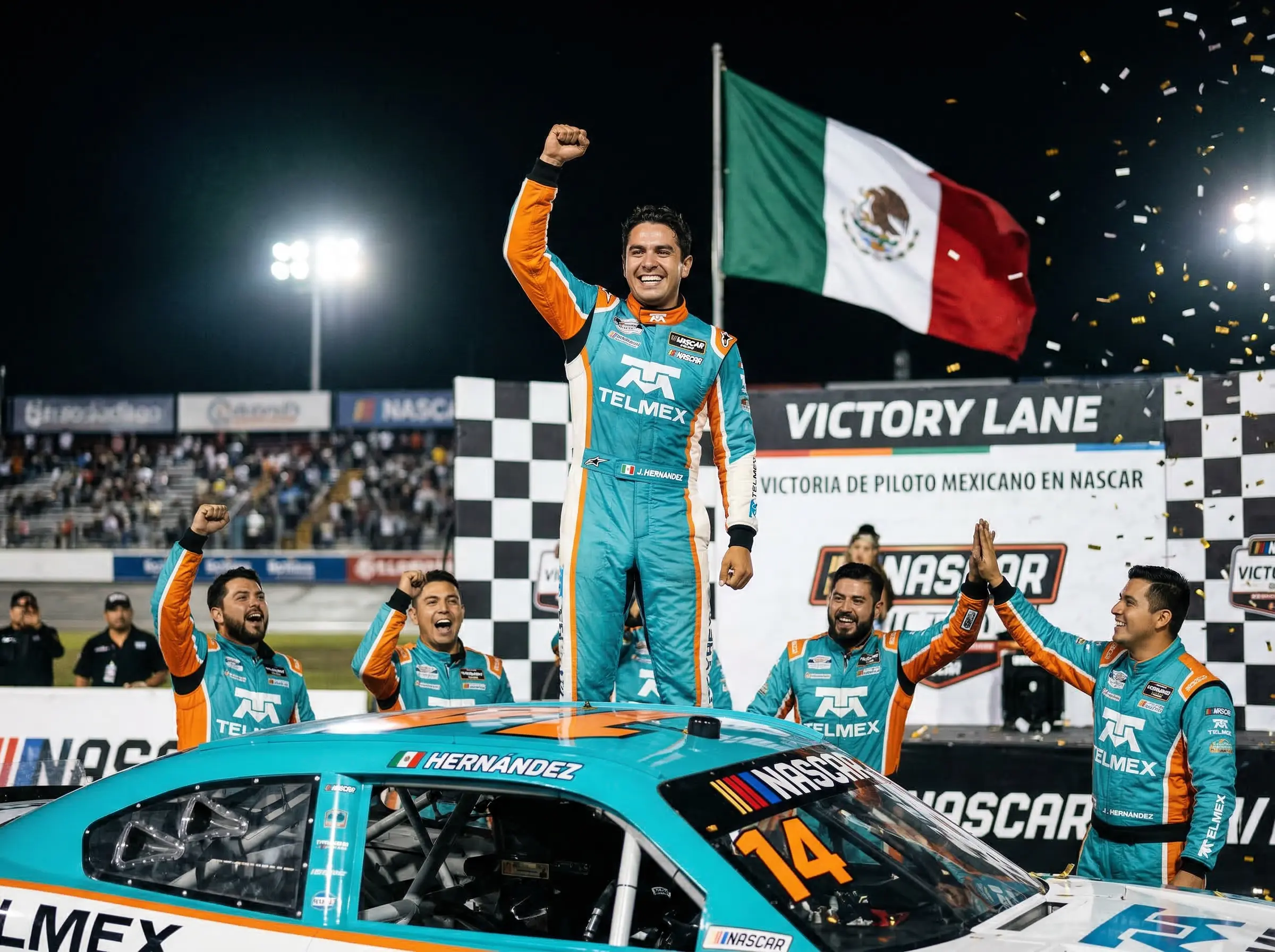 Piloto de NASCAR celebrando victoria con bandera mexicana en el podio