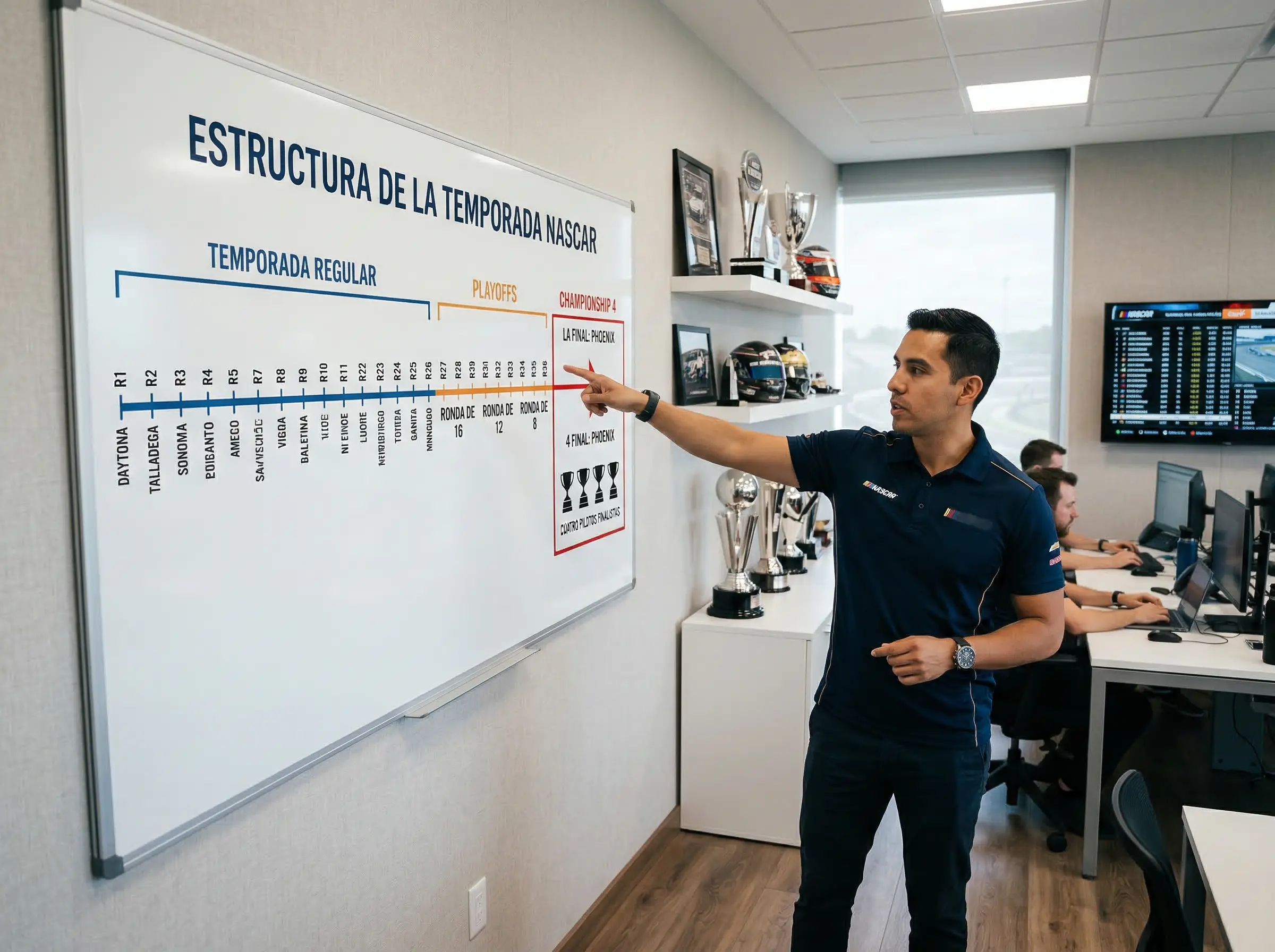 Estructura visual de la temporada NASCAR mostrando las fases regular y playoffs