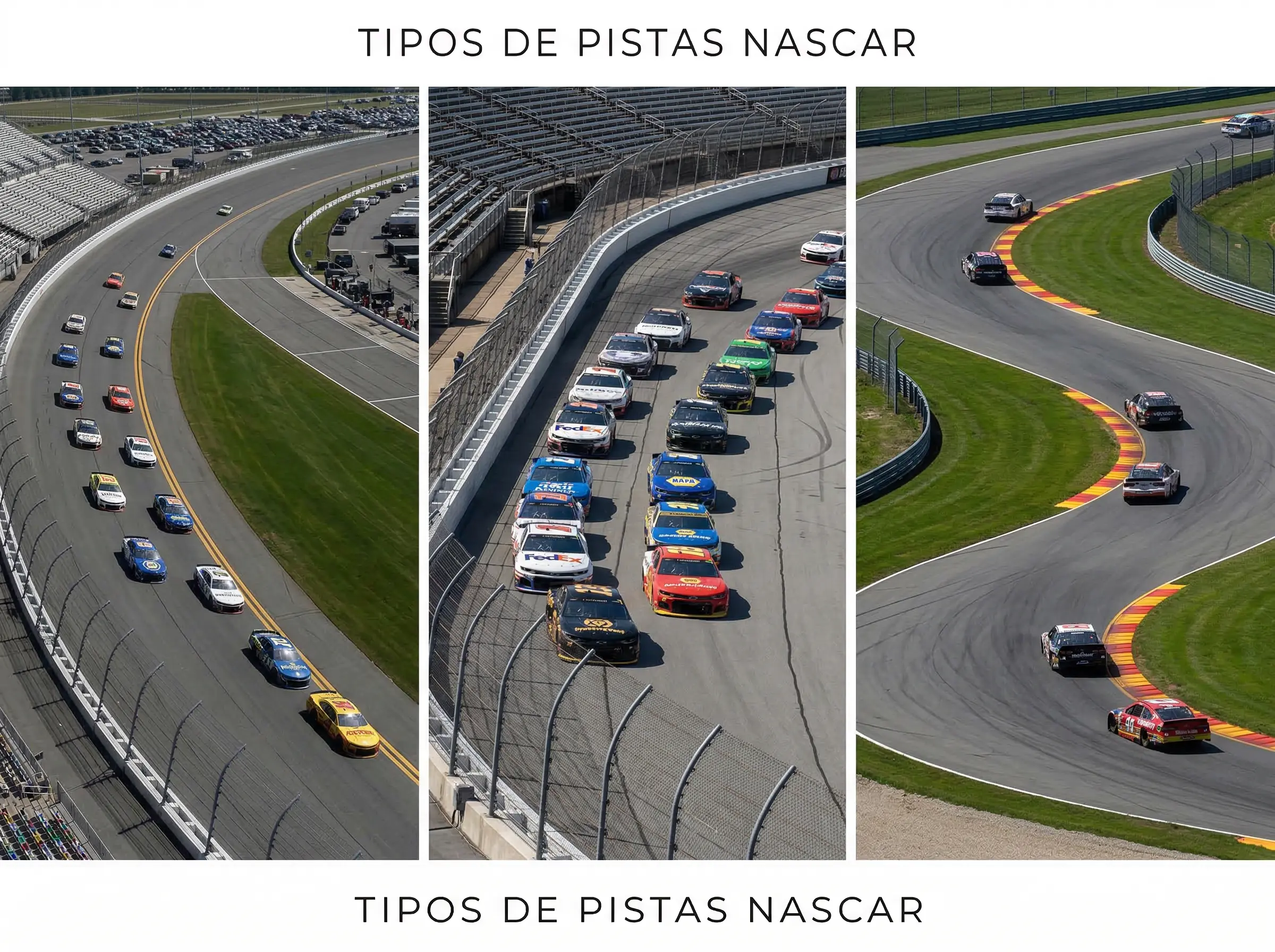 Diferentes tipos de pistas de NASCAR incluyendo superspeedway ovalo corto y circuito mixto